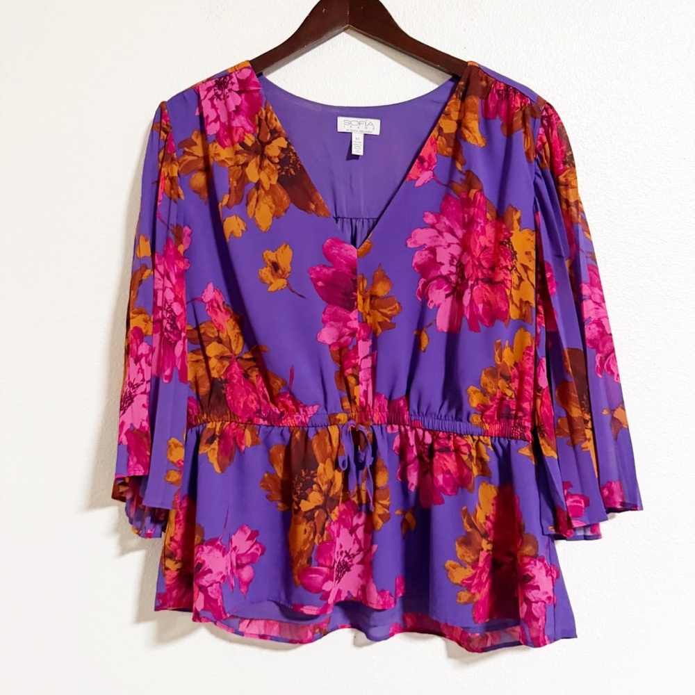Sofia Vergara Floral Pleated Flutter Sleeve V Neck Blouse - Picture 2 of 12